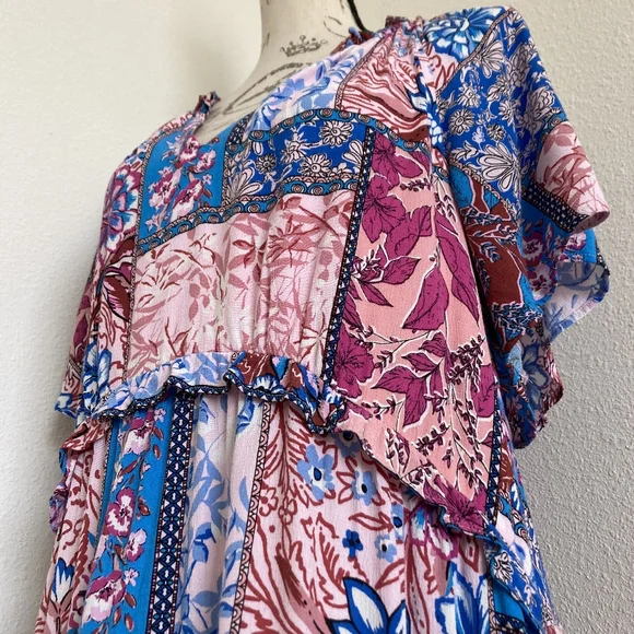By Anthropologie Robin Tiered Mini Dress L Boho Floral Festival Flowy Patchwork - Picture 10 of 17